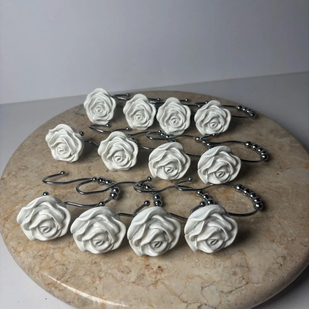 UO Rose Icon Shower Curtain Hooks Set of 12‎ White 3D Rose Flower Shabby Chic